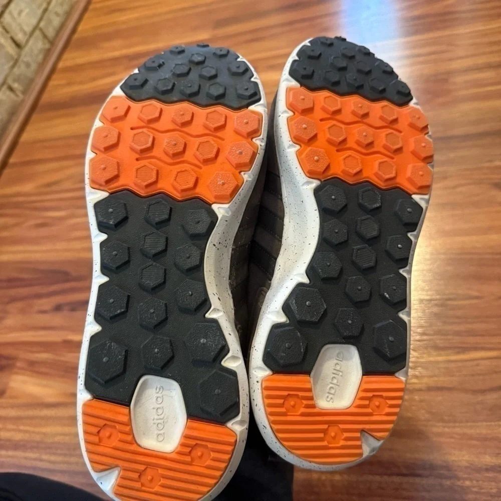 Brown Adidas Ortholite suede sneakers with fuzzy material